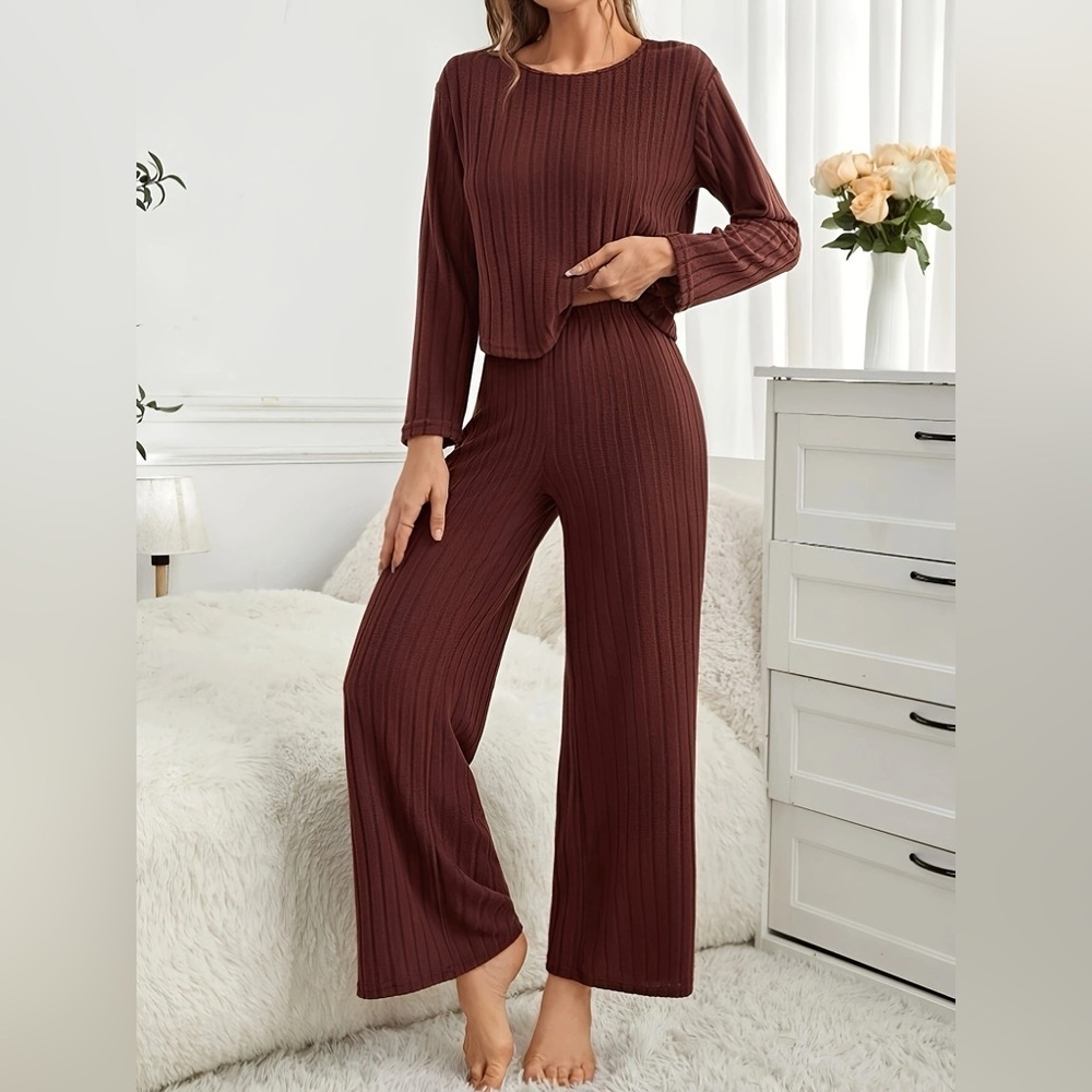 Ribbed Round Neck Long Sleeve Top and Pants Lounge Set